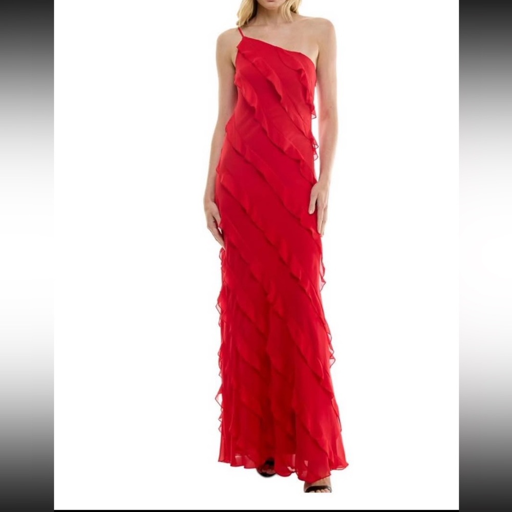 Red One-Shoulder Ruffle Gown